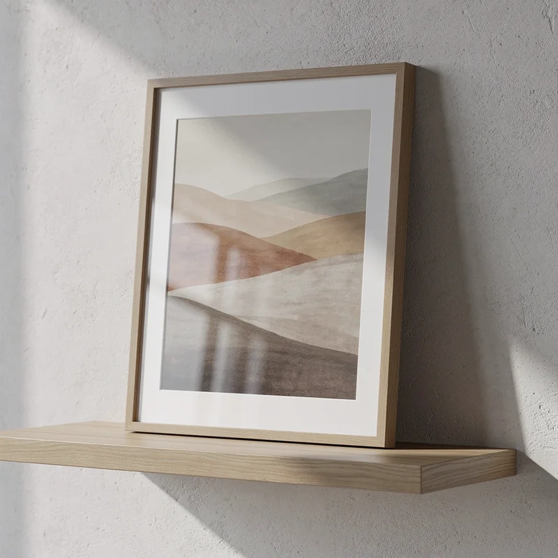 Framed abstract print generated by FLUX.2 Pro with dramatic raking light and glass glare