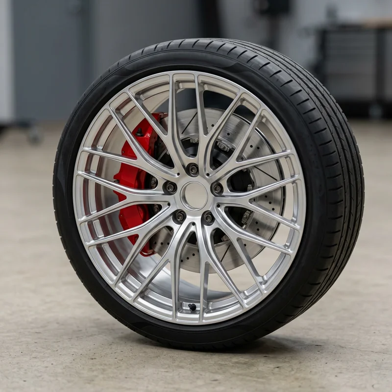 Polished alloy wheel generated by Nano Banana 2 with an intricate symmetric mesh pattern
