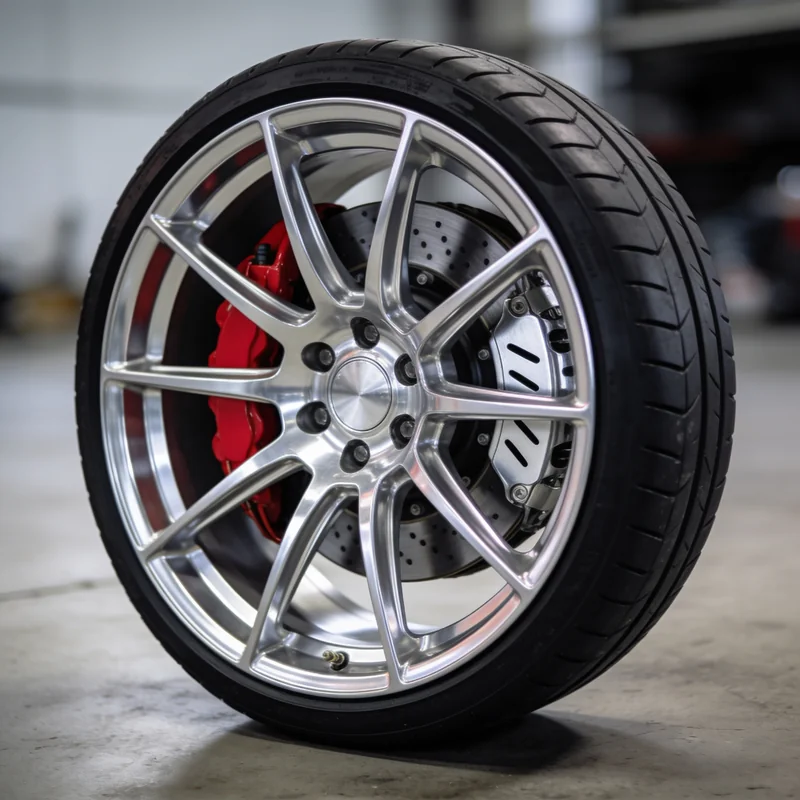 Polished alloy wheel generated by Seedream 4.5 with clean symmetric spokes and machined aluminum