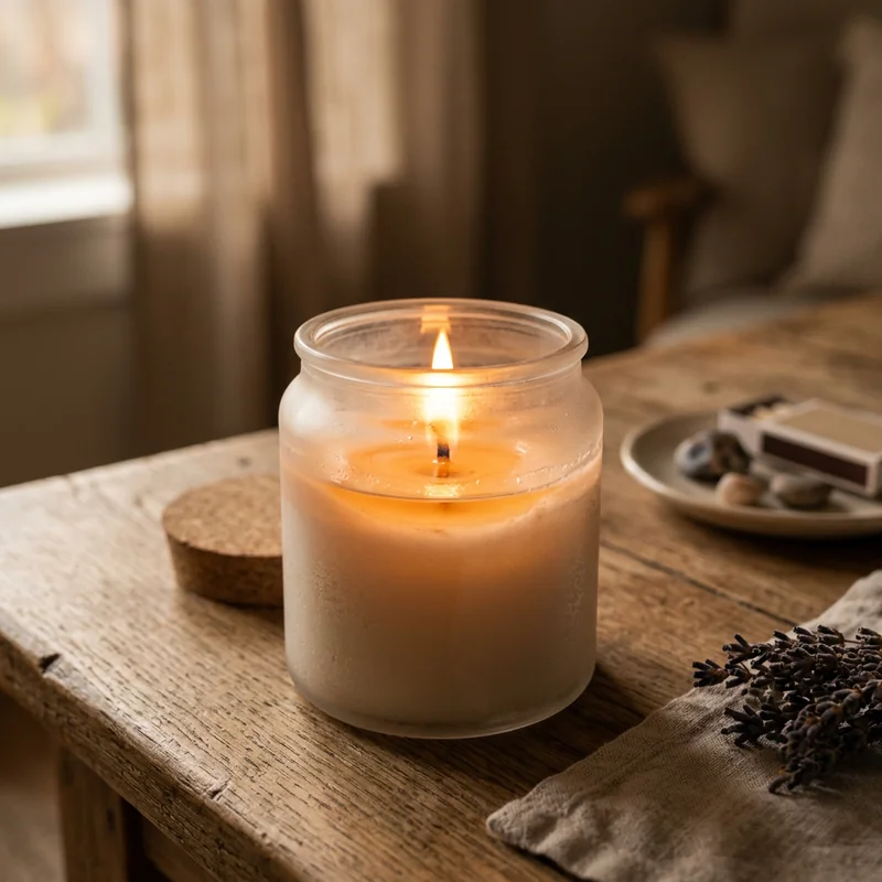 Candle generated by Nano Banana 2 in a cozy styled scene with lavender and cinnamon