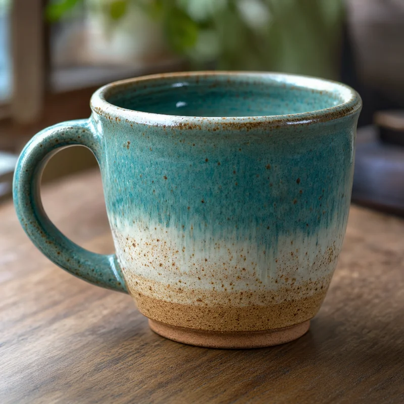 Reactive-glaze stoneware mug generated by GPT Image 2, clean with a horizontal color break