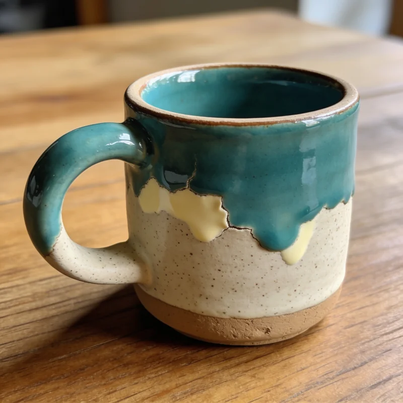 Reactive-glaze stoneware mug generated by Seedream 4.5 with a vivid teal drip glaze and a believable handle