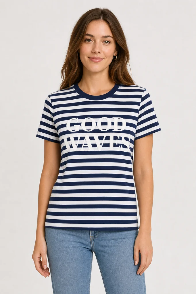 On-model shot generated by GPT Image 2, print legible but restyled and merged into the stripes