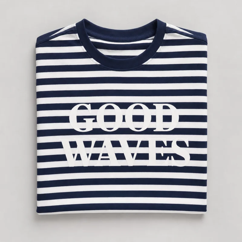 Source flat-lay: a folded navy-and-white striped t-shirt with GOOD WAVES printed across the chest