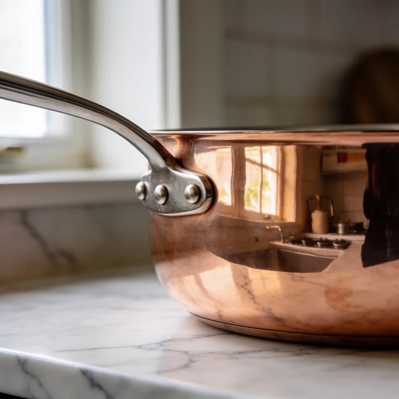 Polished copper saucepan generated by Seedream 4.5 with a richly detailed mirror reflection of a kitchen