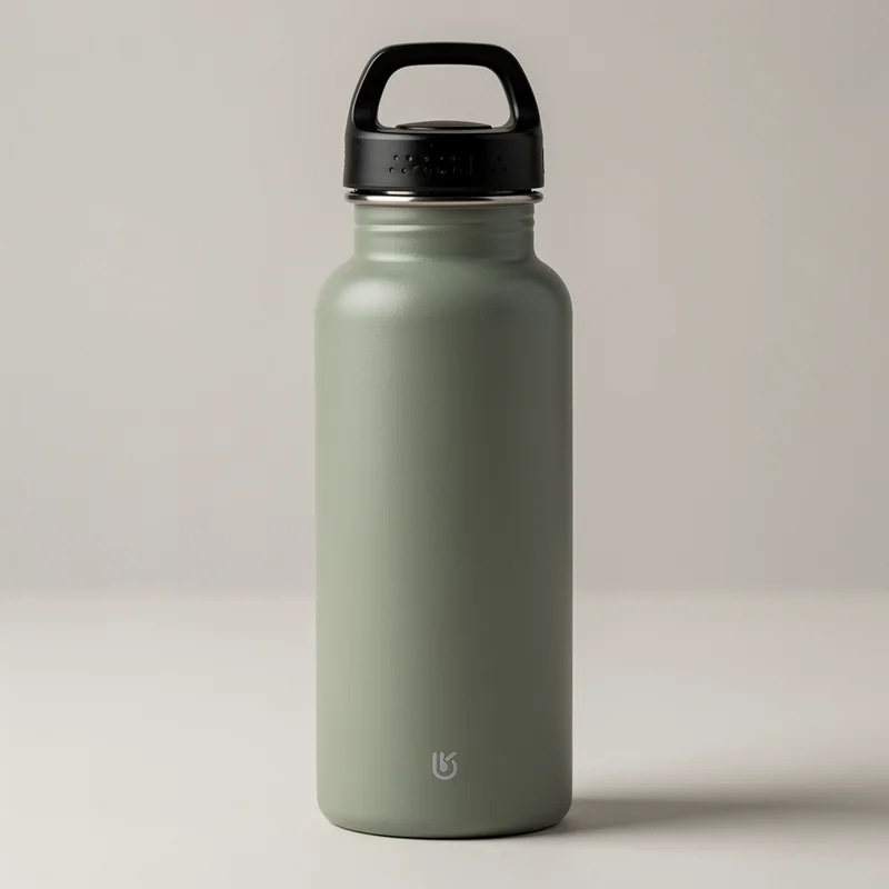 Matte sage insulated water bottle generated by FLUX.2 Pro with an invented logo near the base