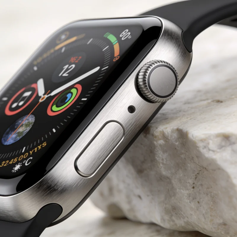Smartwatch generated by Seedream 4.5, premium brushed-titanium macro but a garbled screen and Apple Watch form
