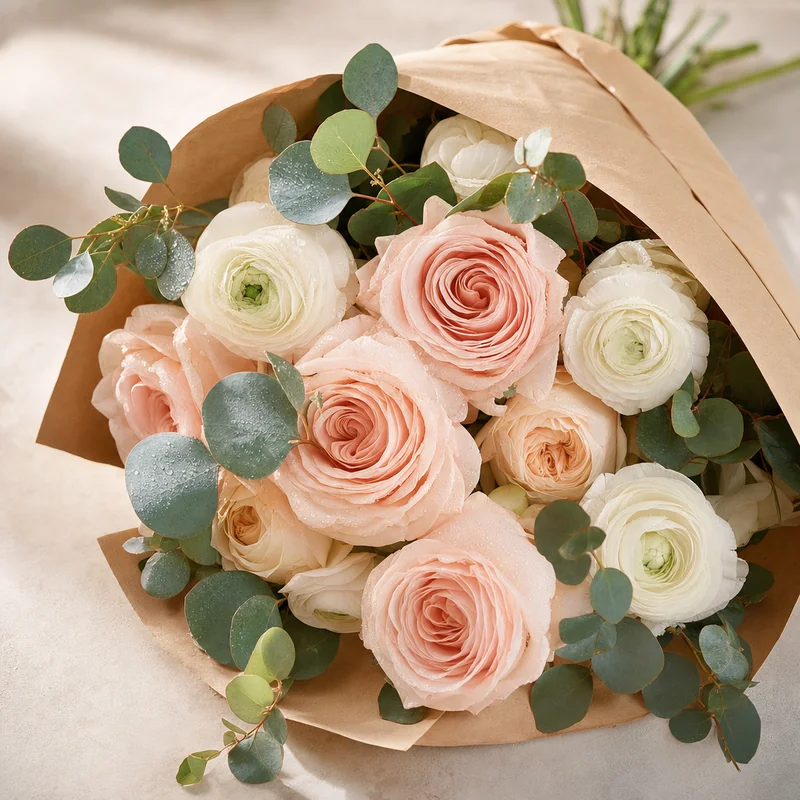 Blush rose and ranunculus bouquet generated by GPT Image 2, clean and polished
