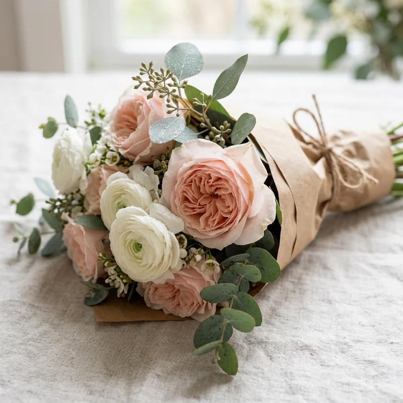 Blush rose and ranunculus bouquet generated by Nano Banana 2, fresh and coherent in kraft paper