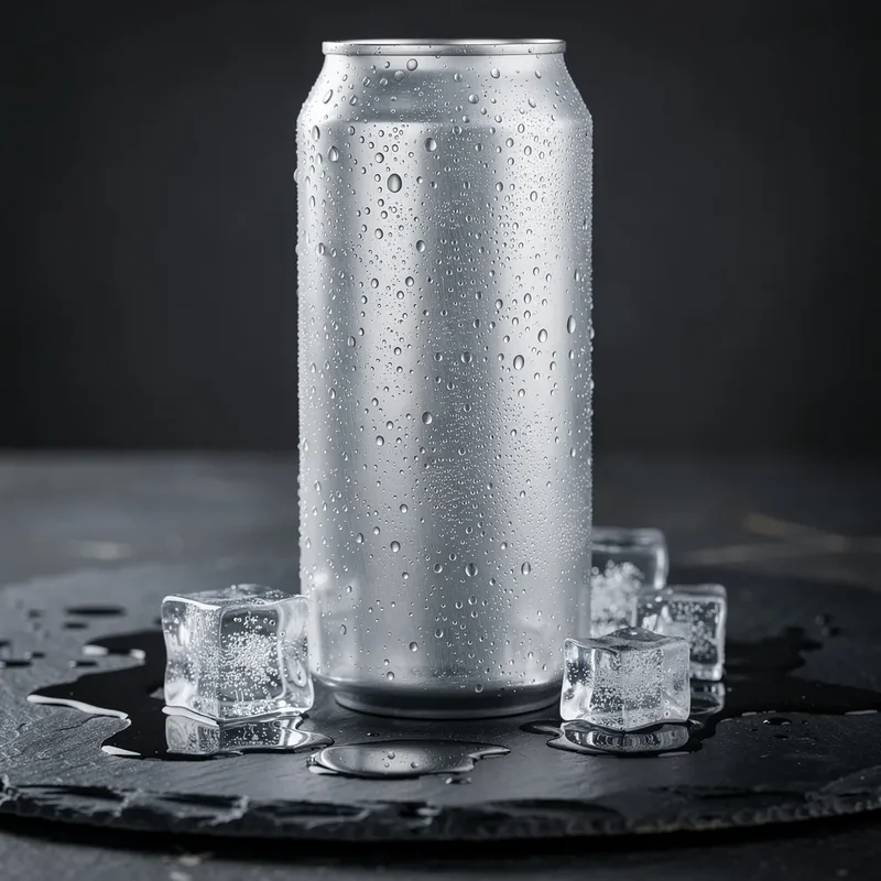 Cold drink can generated by FLUX.2 Pro standing upright, the most photorealistic metal and clear ice