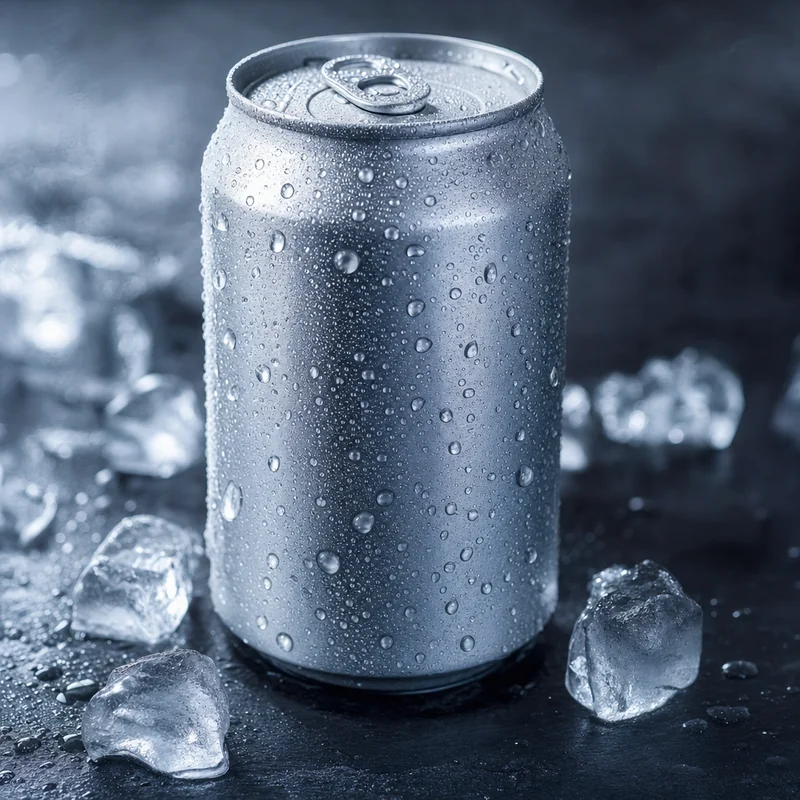 Cold drink can generated by GPT Image 2 with condensation and crushed ice in a cool blue grade