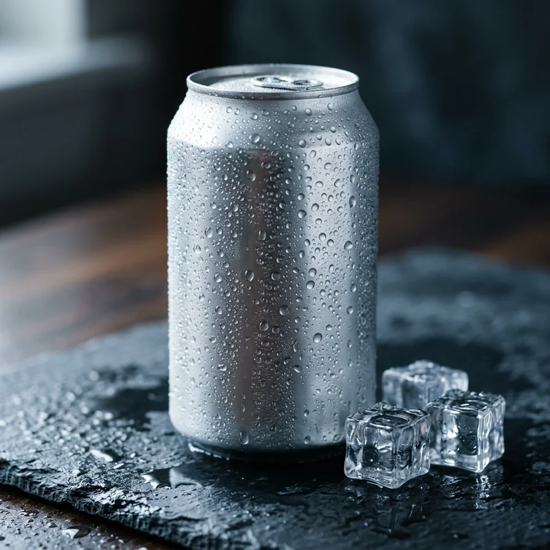 Cold drink can generated by Nano Banana 2 with condensation and ice cubes on dark wood
