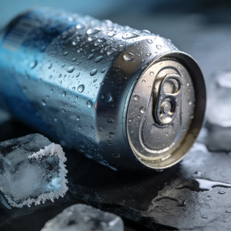 Cold drink can generated by Seedream 4.5 with realistic condensation, lying on slate with a frosty ice cube