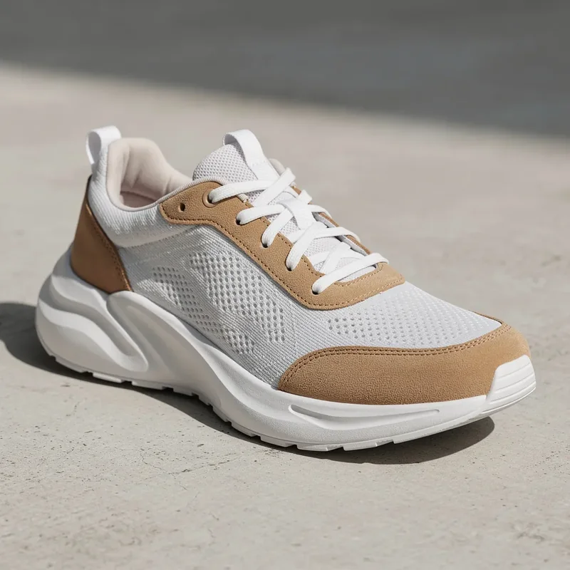 Generic running sneaker generated by FLUX.2 Pro with distinct mesh, suede, and rubber, no branding