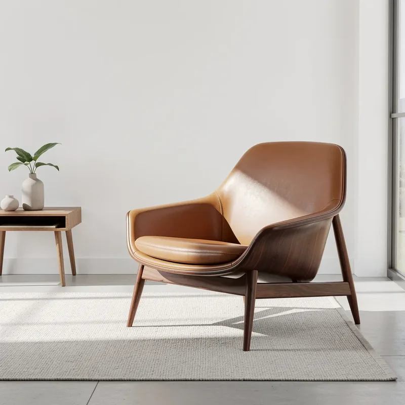Lounge chair generated by FLUX.2 Pro in a bright minimalist room, believable scale but a redesigned shell silhouette