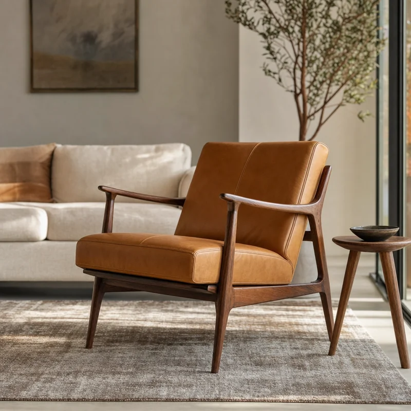 Mid-century lounge chair generated by GPT Image 2, rich walnut frame and tan leather with believable scale against a sofa