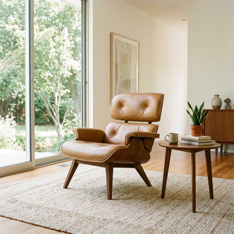 Mid-century lounge chair in a sunlit room generated by Nano Banana 2, believable scale in a full room scene