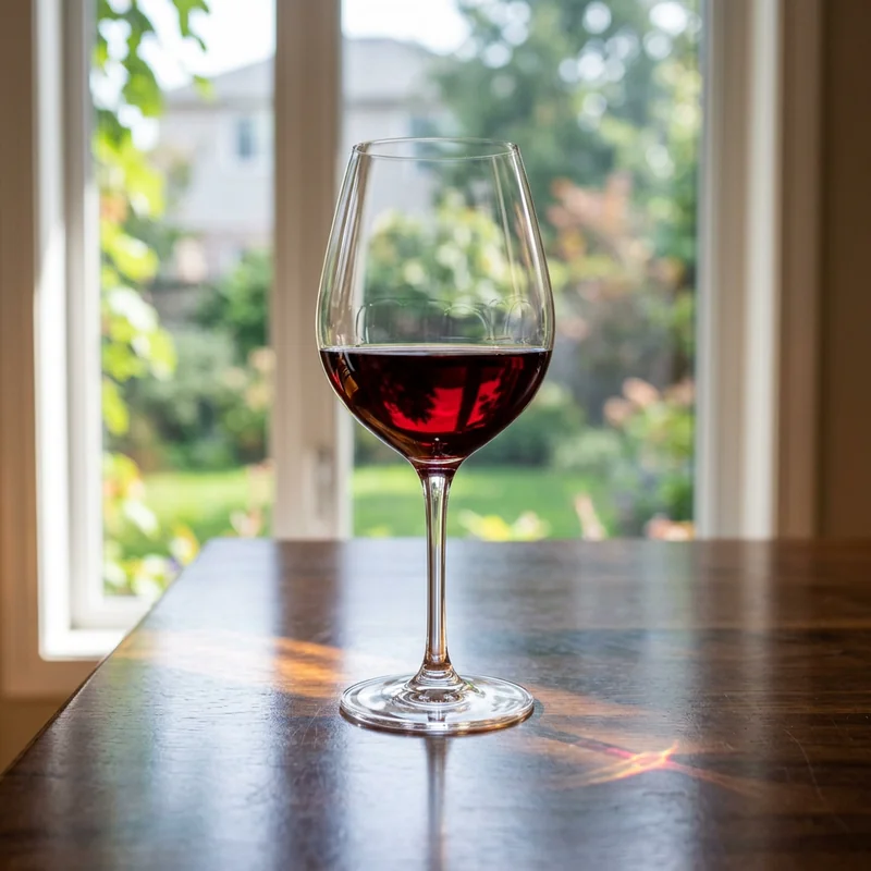 Red-wine glass generated by Nano Banana 2 with background refraction and visible caustics in a full scene