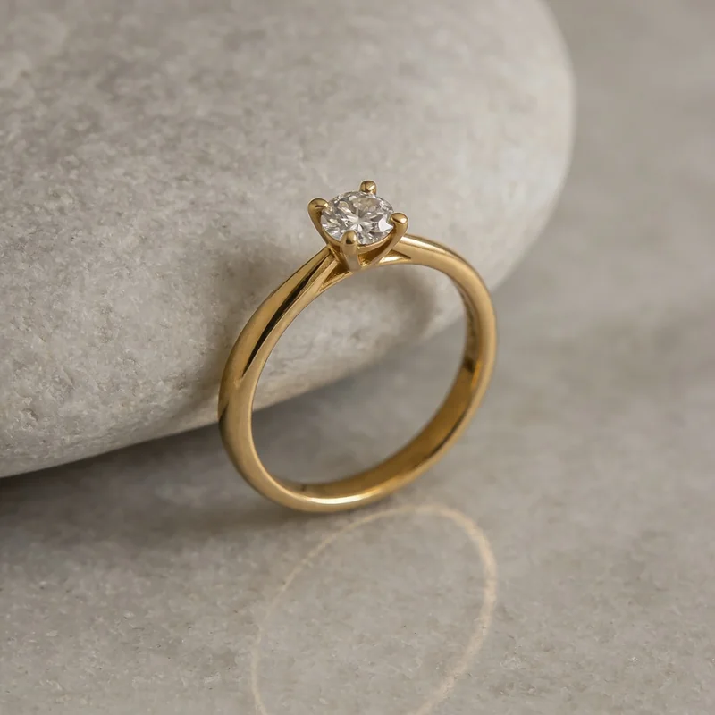 Gold diamond solitaire ring generated by Seedream 4.5, standing on a stone with a realistic gold reflection