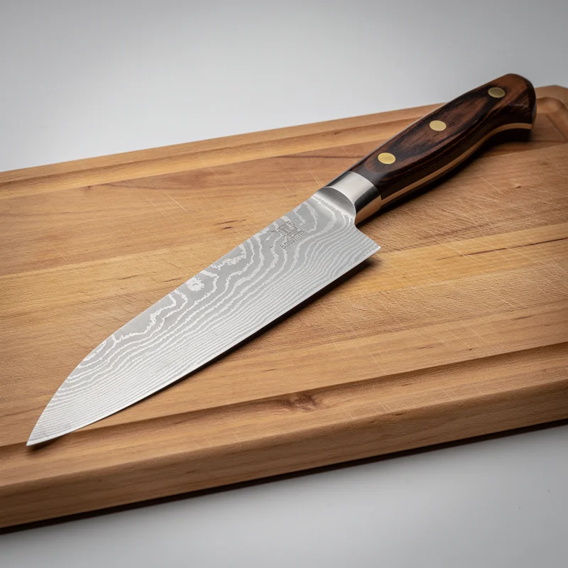 Damascus chef's knife generated by FLUX.2 Pro with a wavy pattern, slightly softer