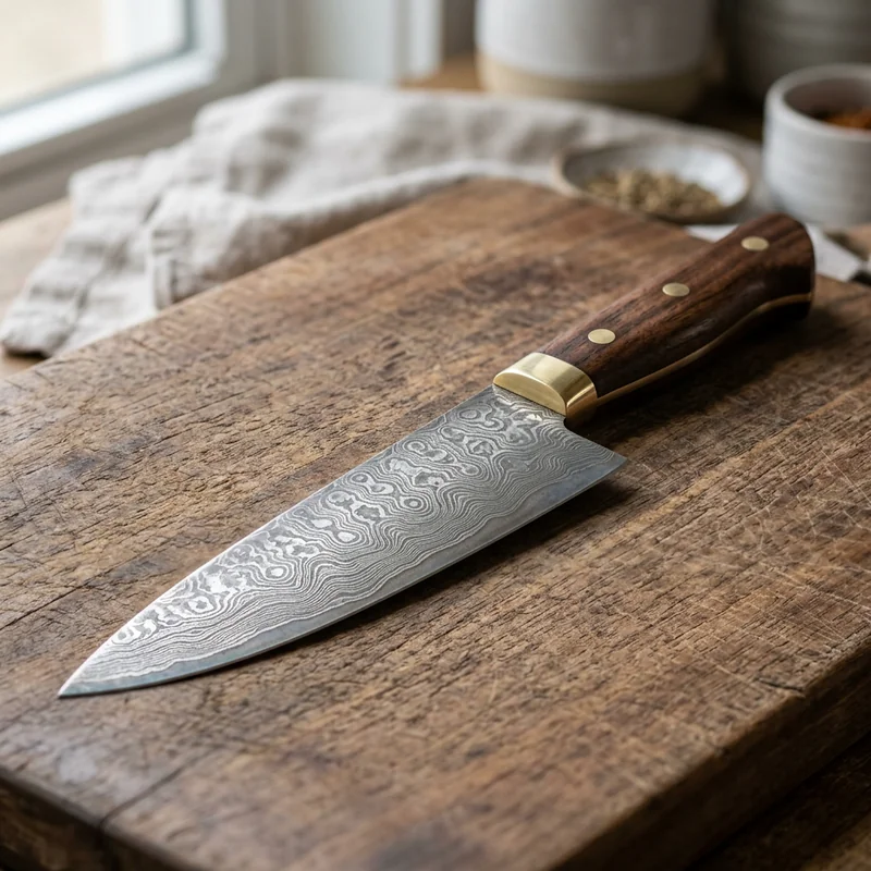 Damascus chef's knife generated by Nano Banana 2 with a turbulent organic pattern