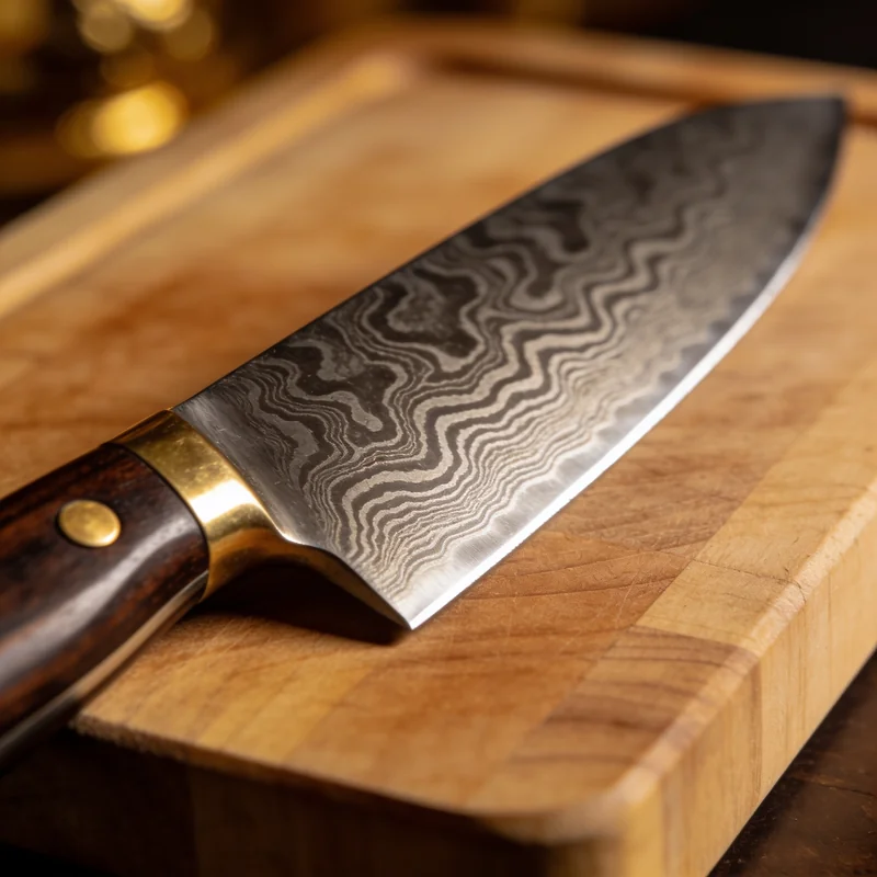 Damascus chef's knife generated by Seedream 4.5 with an authentic wavy folded-steel pattern