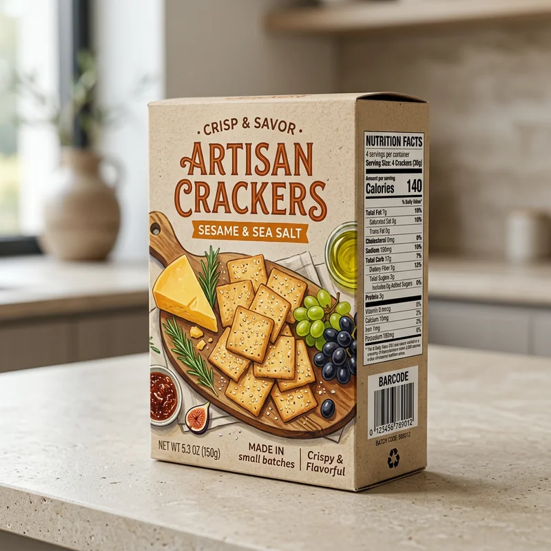 Artisan cracker box generated by Nano Banana 2 with a legible front, a panel, and a clearly fake barcode