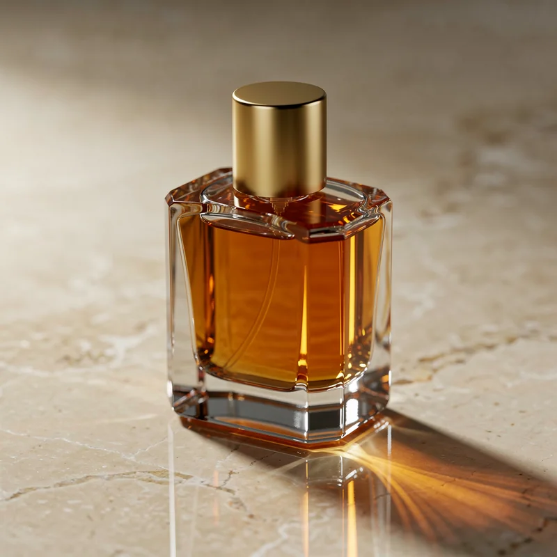 Faceted amber perfume bottle generated by FLUX.2 Pro with the strongest caustic streak on the marble