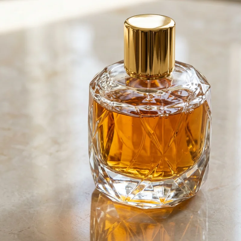 Faceted amber perfume bottle generated by Nano Banana 2, believable refraction and a clean reflection
