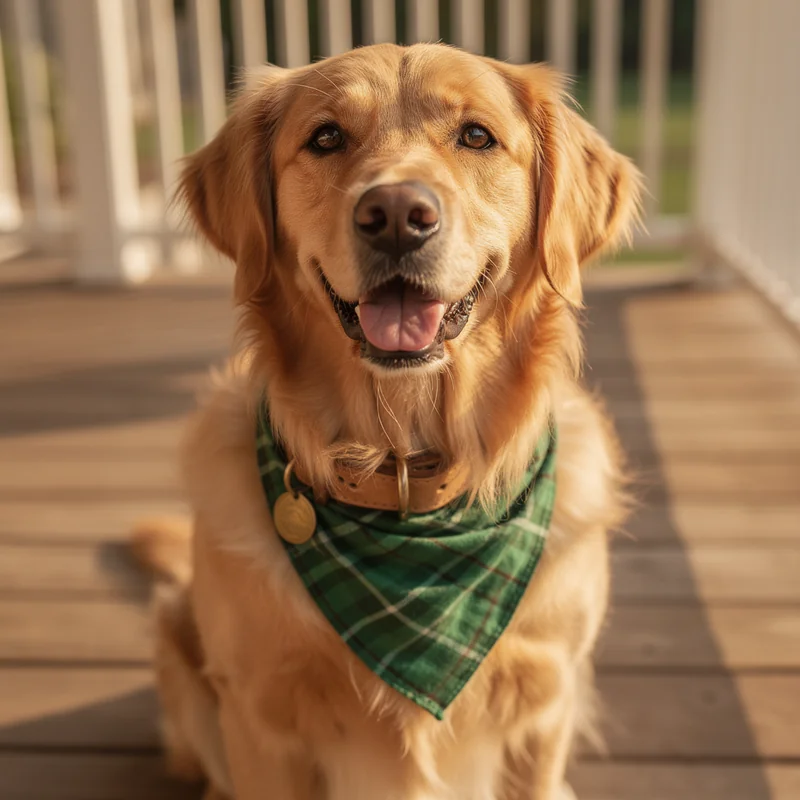 Golden retriever in a collar and plaid bandana generated by FLUX.2 Pro, believable but softer