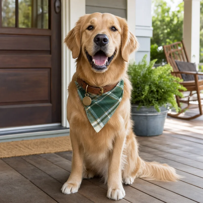Golden retriever in a collar and plaid bandana generated by GPT Image 2, clean and warm porch shot