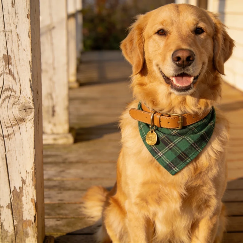 Golden retriever in a collar and plaid bandana generated by Seedream 4.5 with exquisite fur detail
