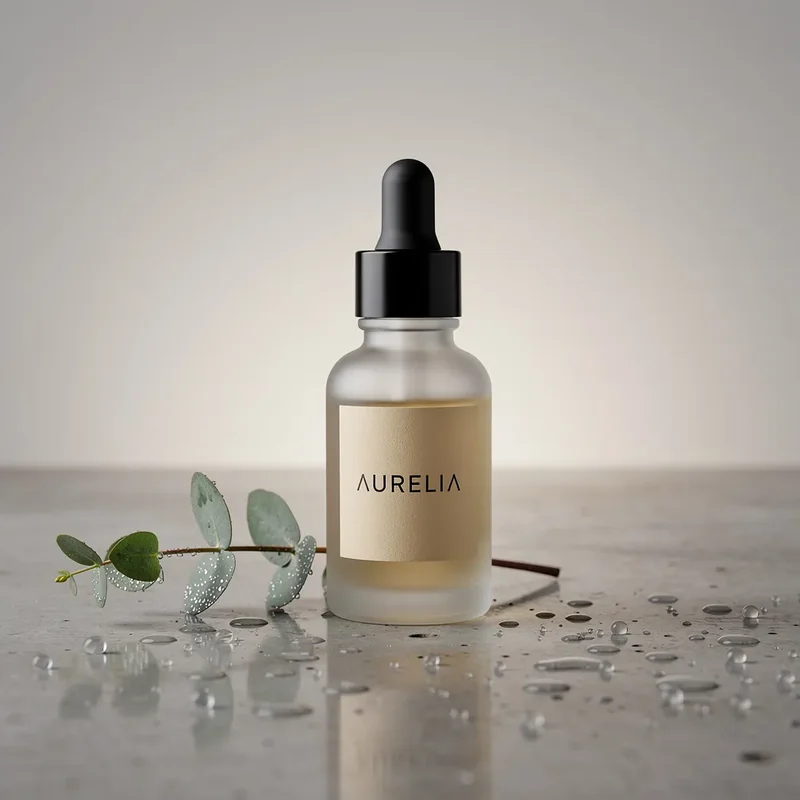 Skincare serum bottle generated by FLUX.2 Pro, editorial minimalist with a malformed brand label
