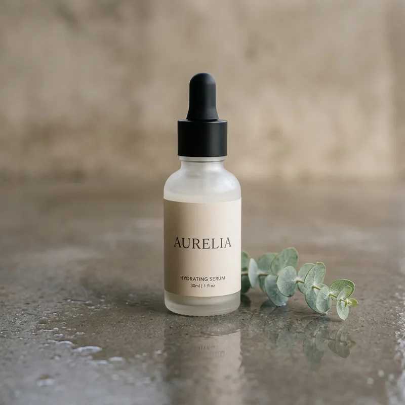 Skincare serum bottle generated by Nano Banana 2, frosted glass with a legible AURELIA label