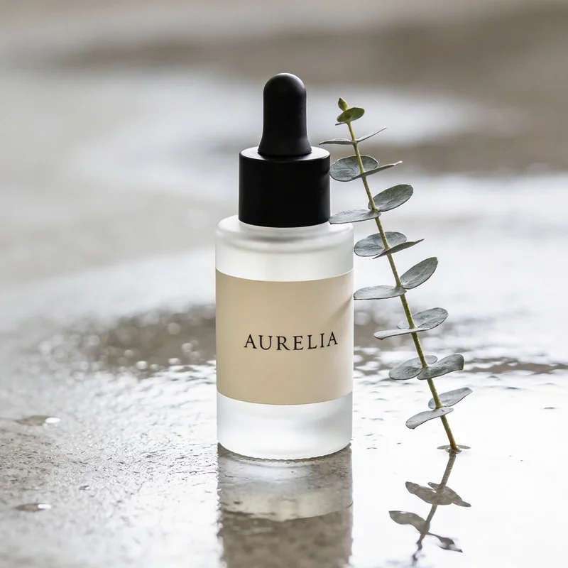 Skincare serum bottle generated by Seedream 4.5, cinematic frosted glass with eucalyptus reflection