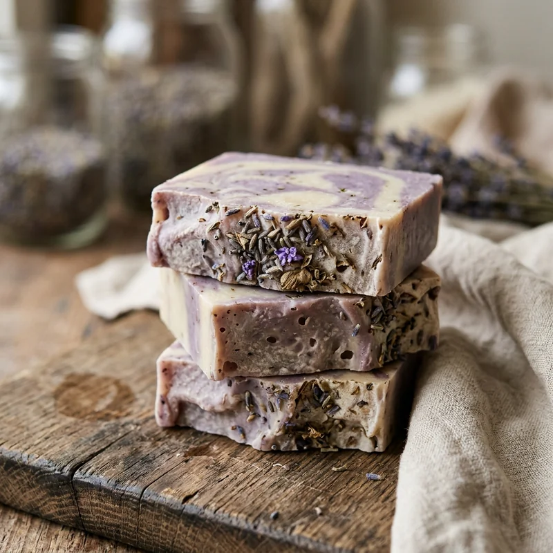 Stacked artisan soap bars generated by Nano Banana 2 in a complete rustic lavender scene