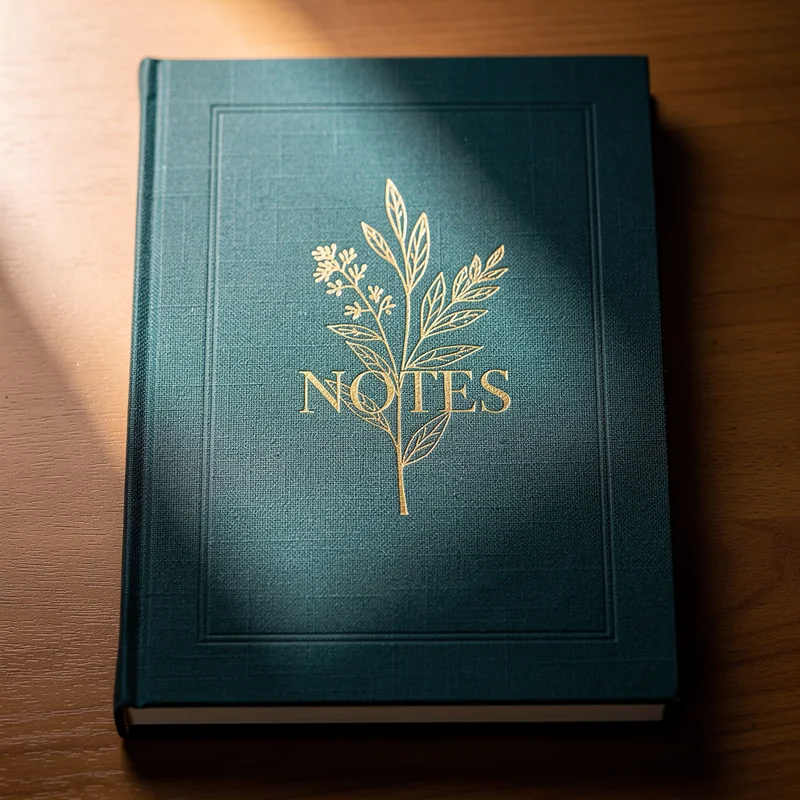 Teal linen journal generated by FLUX.2 Pro with foil catching raking light but softer lettering