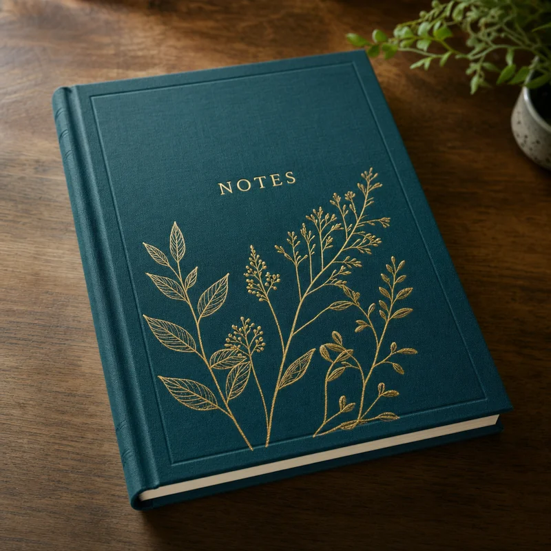 Teal linen journal generated by GPT Image 2 with the cleanest foil text