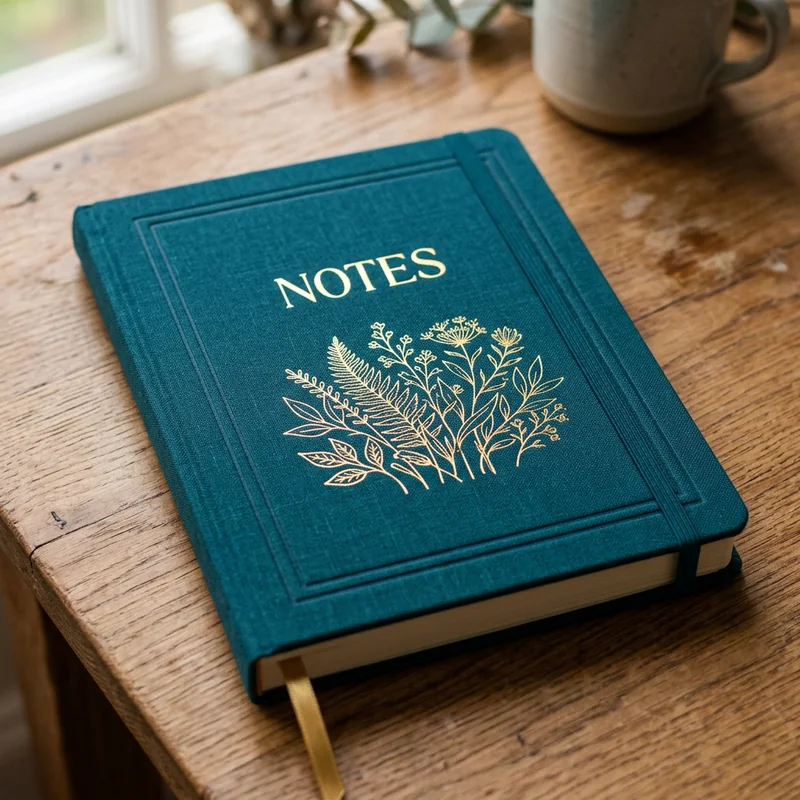 Teal linen journal generated by Nano Banana 2 with a convincing debossed border