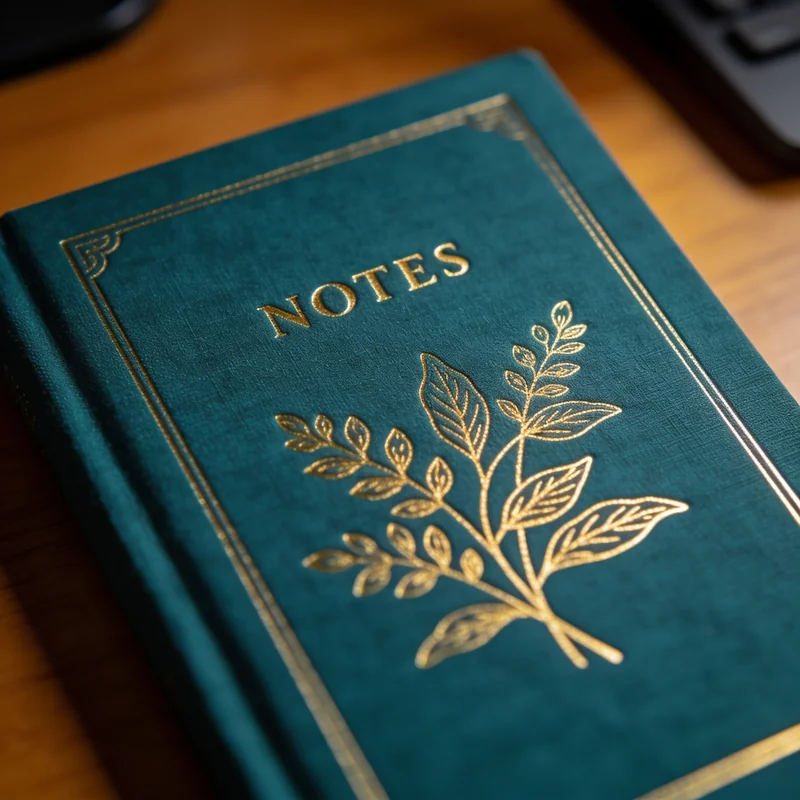 Teal linen journal with gold foil art generated by Seedream 4.5, foil reading as reflective metal