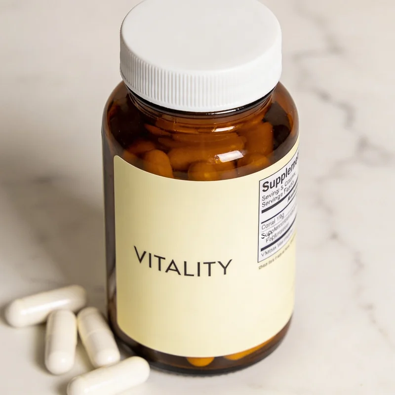 Supplement bottle generated by Seedream 4.5, premium macro shot with a garbled facts panel