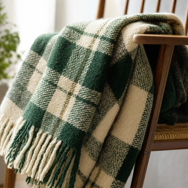 Plaid wool throw generated by GPT Image 2 with a clean buffalo-check pattern following the drape