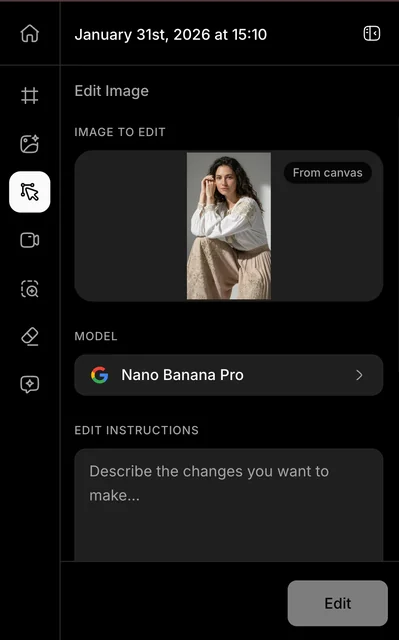 Masonry Edit Image interface showing the reference upload
