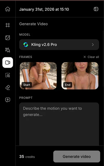 Masonry Make Video interface with Kling 2.6 Pro selected