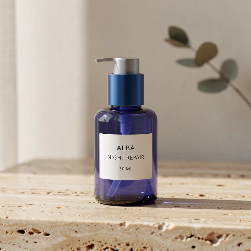 FLUX.2 Pro output of a cobalt-blue skincare pump bottle labeled ALBA, NIGHT REPAIR, 30 ML