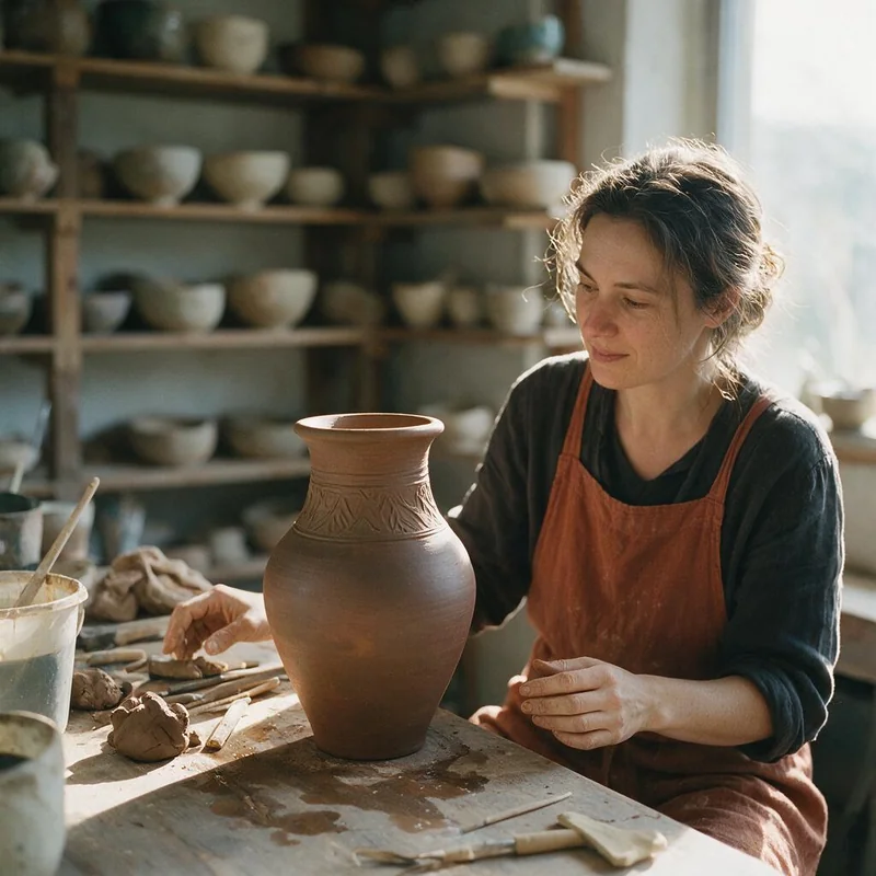 Seedream 5 Pro portrait of a ceramic artist beside a decorated vase at a worktable