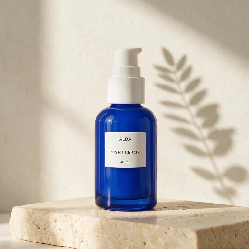 Seedream 5 Pro output of a cobalt-blue skincare pump bottle labeled ALBA, NIGHT REPAIR, 30 ML