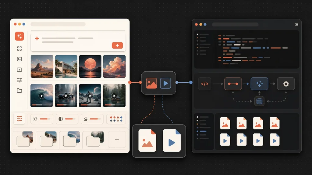 Conceptual illustration of a browser creative studio beside a terminal and coding-agent media workflow