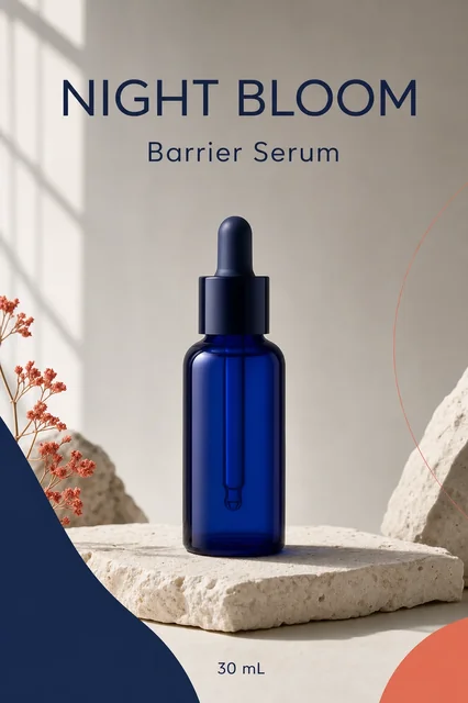 GPT Image 2 output for a fictional Night Bloom Barrier Serum poster with exact-copy requirements
