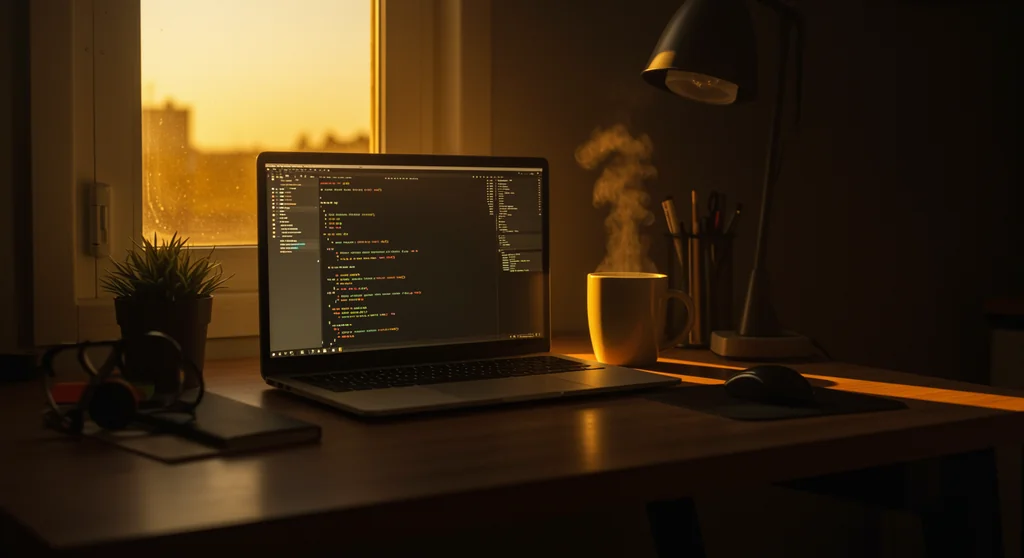A photorealistic image of a cozy developer workspace at golden hour, generated by the Masonry CLI from a single text prompt.